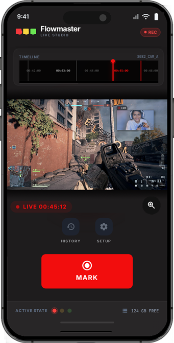 Flowmaster live studio — timeline, gameplay preview, and a large MARK button