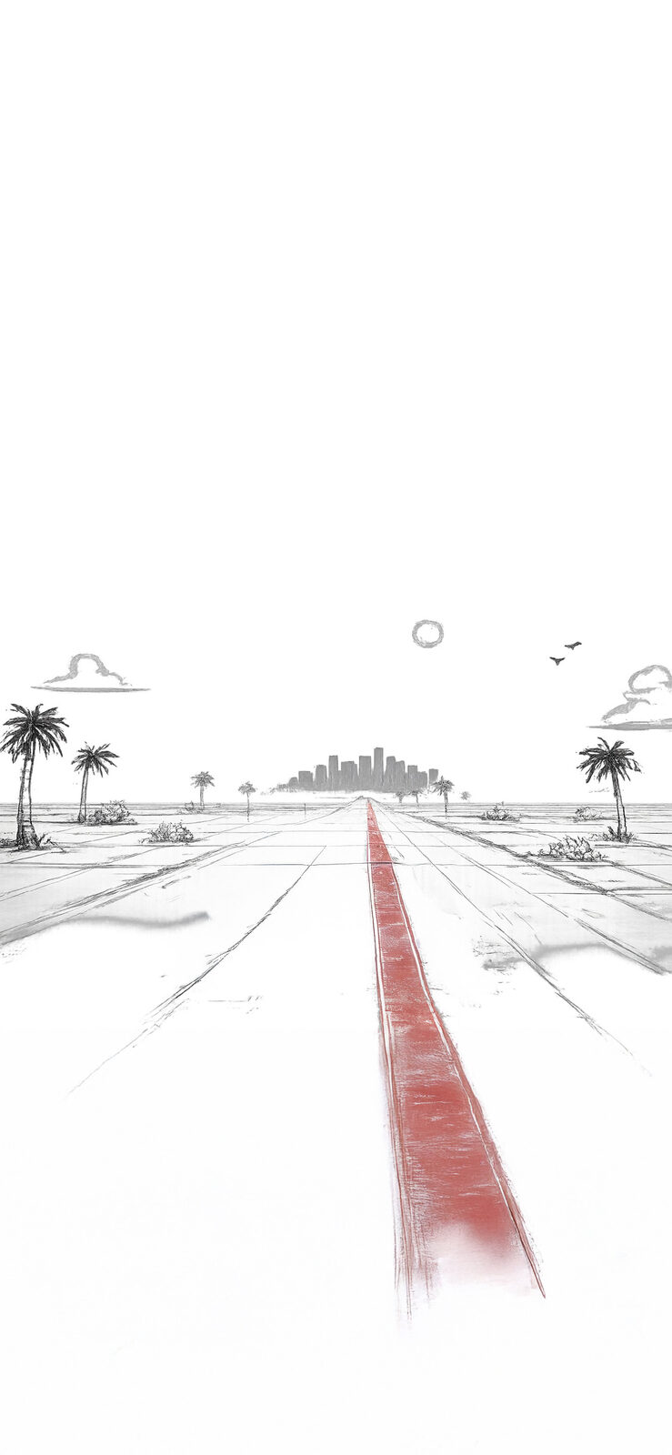 The wireframe city — a road vanishing toward a hand-drawn skyline