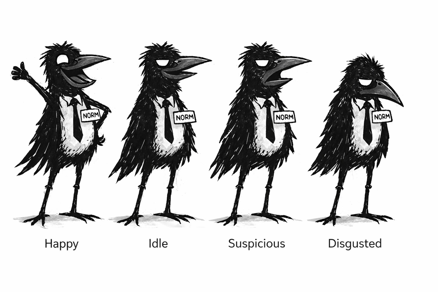 Norm the crow in four expressions: happy, idle, suspicious, disgusted